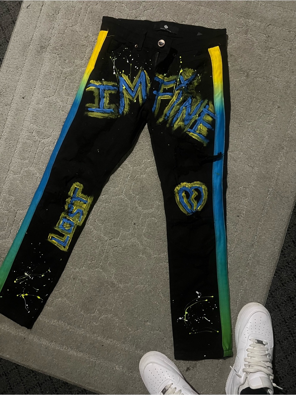 Men's Black Skinny Jeans with Yellow & Blue Painted Details